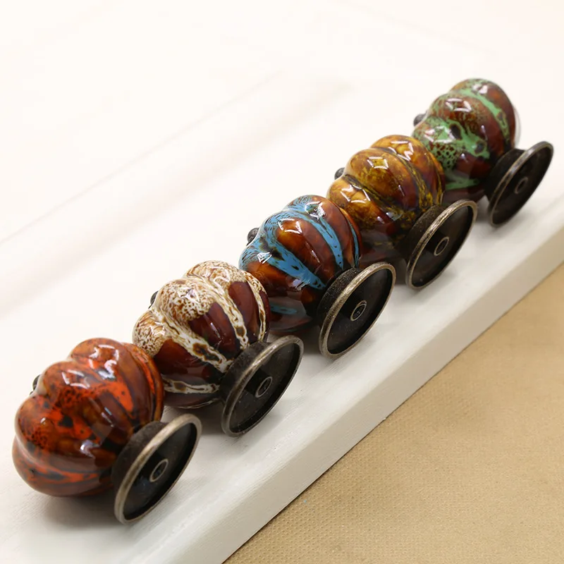 

6Pcs Ceramic Glazed Pumpkin Knobs Vintage Cabinet Door Pull Furniture Kitchen Drawer Handle LKS99
