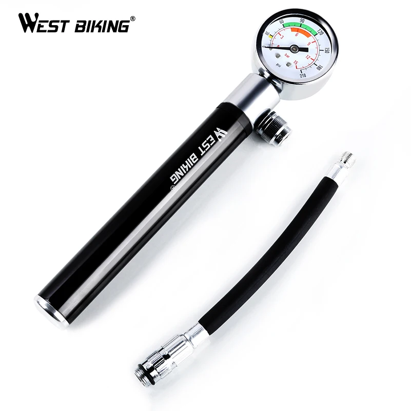 WEST BIKING Black Portable Bike Air Pump Mini Pressure Gauge Presta Schrader Pump for Bicycle Ball Tire Inflator Cycling Pumps