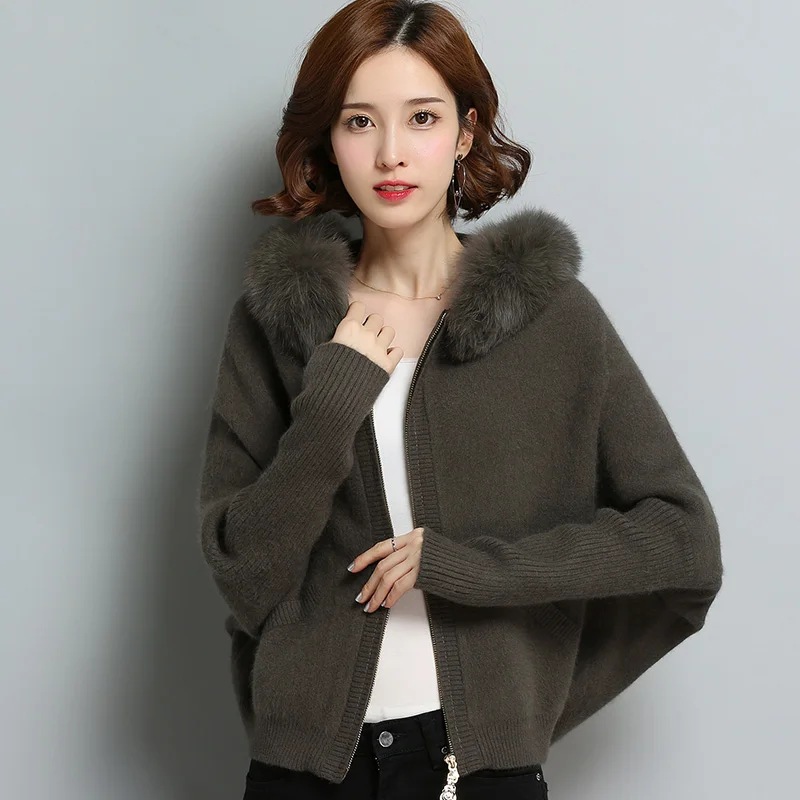 

Casual Women Batwing Sleeve Hooded Cardigan 2019 Mink Cashmere Knit Sweater Jacket with fur Hoods Loose Warm Thick Female Coats