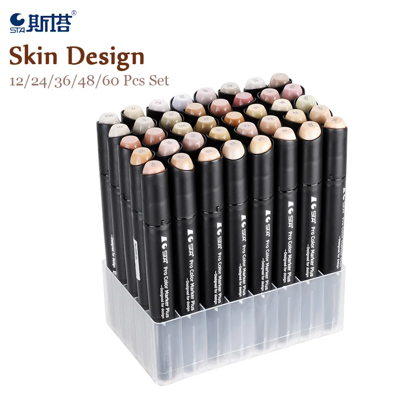 

STA 12/24/36/48/60 Colors Skin Design Marker Set Sketch Alcohol Based Markers Painting Brush Pen Art Supplies