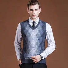 Азиатский размер, мужской шерстяной свитер, пуловер, без рукавов, базовый вязаный жилет, клетчатый, стильный, модный, Повседневный, v-образный вырез 2016C015