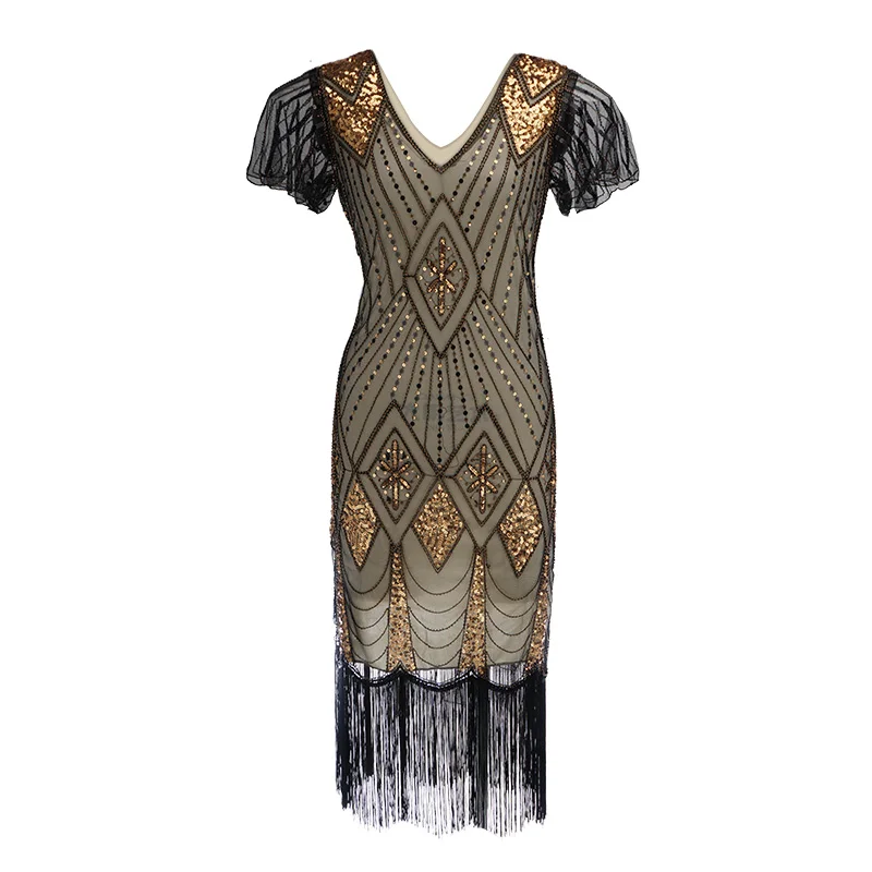 Украшенное бисером платье с блестками, платье Vestidos, женское платье 1920 s, винтажное платье с v-образным вырезом и рукавом-бабочкой, длинное платье Great Gatsby - Цвет: As shown