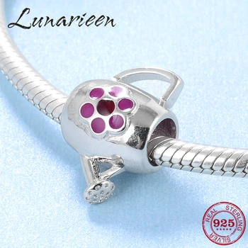 

New 925 Sterling Silver deep pink plum blossom watering can fine beads Fit Original Pandora Charm Bracelet Jewelry making