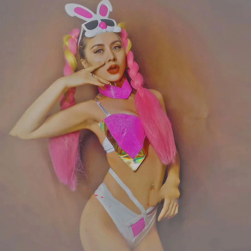 Nightclub Modern DJ Female Singer Party Dance Performance Show Stage Adult Rabbit Ears Mask Wig Bikini Cosplay Costume DWY1353