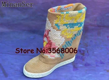 

Hottest Slip-on Women Embroidery Suede Knee High Wedge Boots Gladiator Lady Round Toe Long Boots Shoes winter boots women Shoes