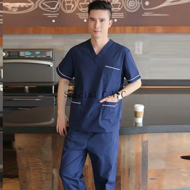 

Men's Scrubs Set Pure Cotton Doctor Uniforms Classic V-neck Short Sleeve Shirt with Side Vent + Elastic Waistline Pants