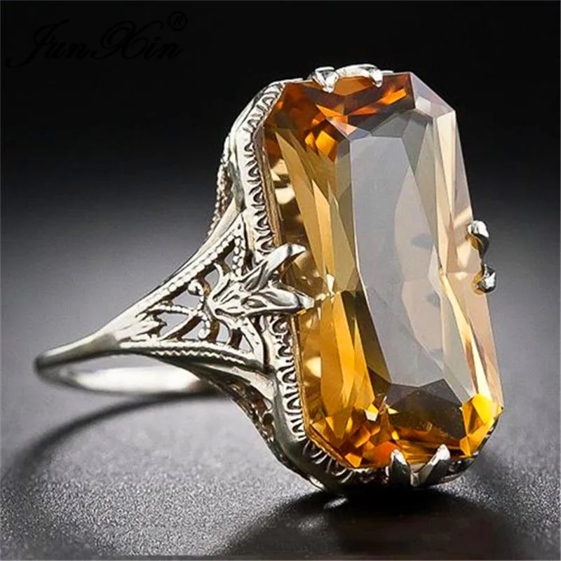 JUNXIN Anitique 925 Sterling Silver Filled Yellow Stone Rectangle Big Rings For Women Men Vintage Zircon Charm Wedding Bands CZ