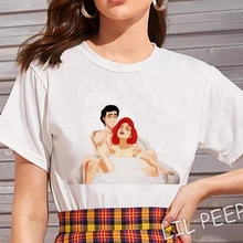 Новое поступление, футболка в стиле Харадзюку, Забавные футболки с принтом Алисы и принца, Винтажные белые топы с круглым вырезом для женщин 90s