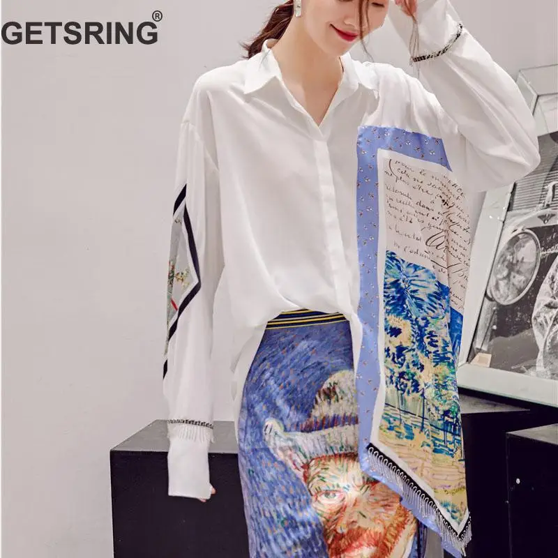 

GETSRING Women Blouses Printed Women Shirts Patchwork Asymmetrical Women Tops Long Sleeve Summer Tops Loose Long Blouse Spring