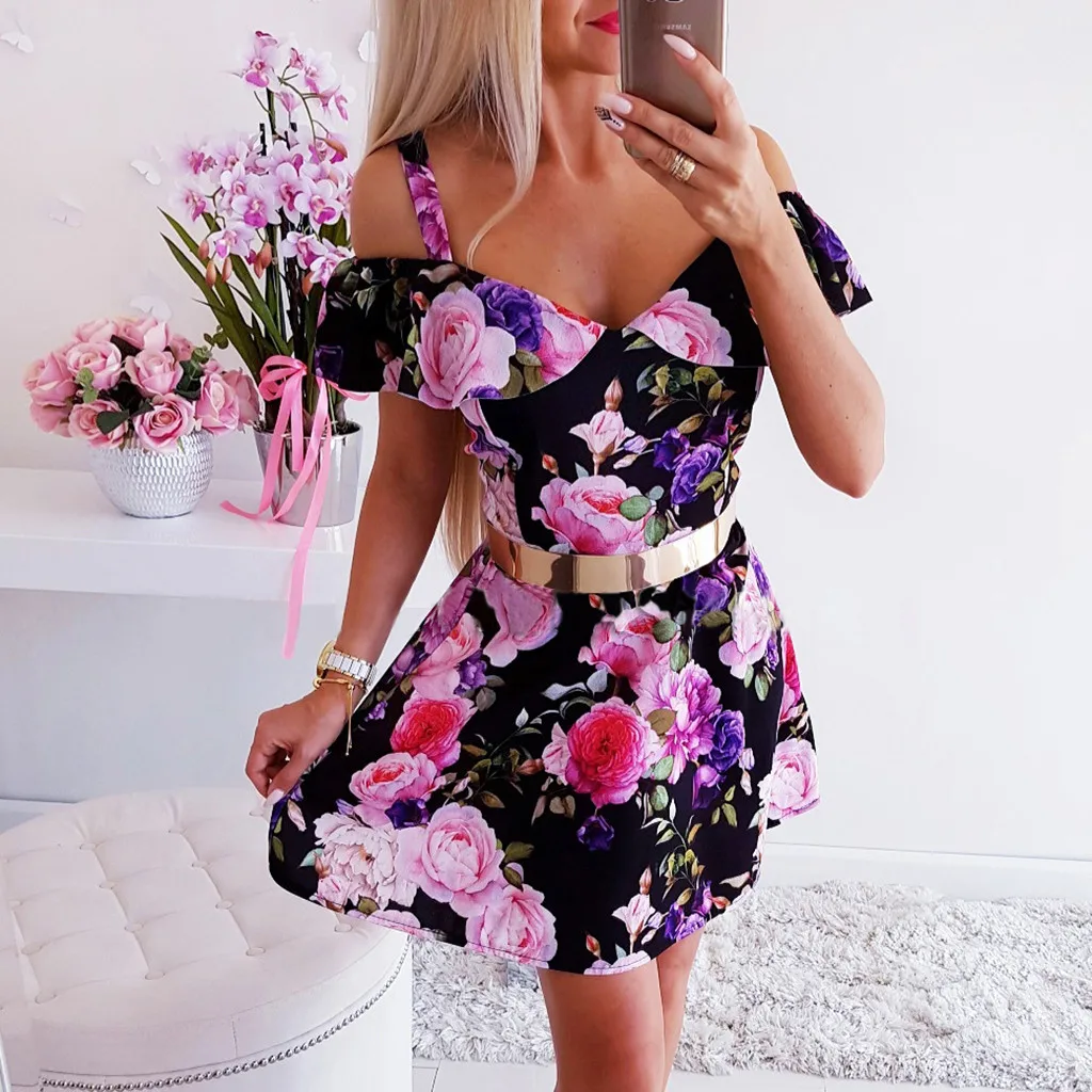 

Women Print Sexy Dress Women's Sexy Summer Print Wild Off Shoulder Camisole Tight Dress Sexy Lady Mini Dress