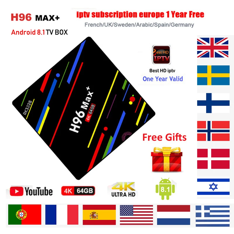 

Android 9.0 TV Box H96 Max Plus 4GB/64GB RK3328 Quad Core USB3.0 1 Year IP TV Subscription Europe French Arabic Poland IP TV Box