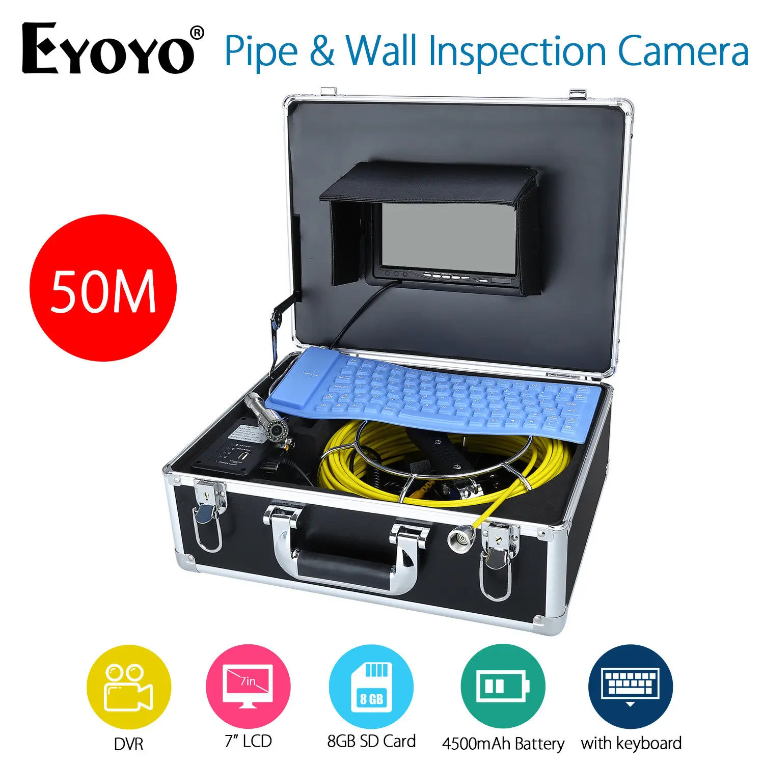 

Eyoyo 50M 7" LCD Pipe Wall Inspection Camera HD 1000TVL DVR Endoscope Snake Sewer Cam Video Recording With Portable Keyboard