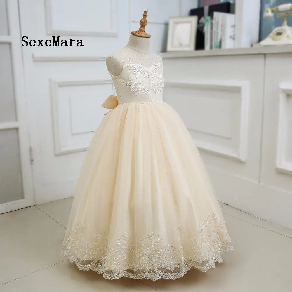 

Real Picture Champagne Tulle Long Flower Girls Dresses For Wedding Beading Appliques Lace Bow Sash First Communion Prom Gowns