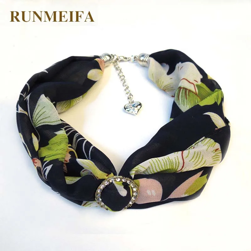 

RUNMEIFA Printed Chiffon Necklace Clavicle Bib Ring Clasp Alloy Jewelry Scarves Silver Pendant Europe/America Multicolor Cloth