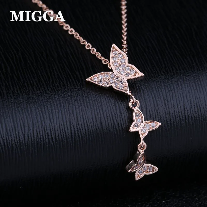 

MIGGA Elegant Cubic Zirconia Paved Butterfly Pendant Necklace Rose Gold Color Crystal Clavicle Chain for Women