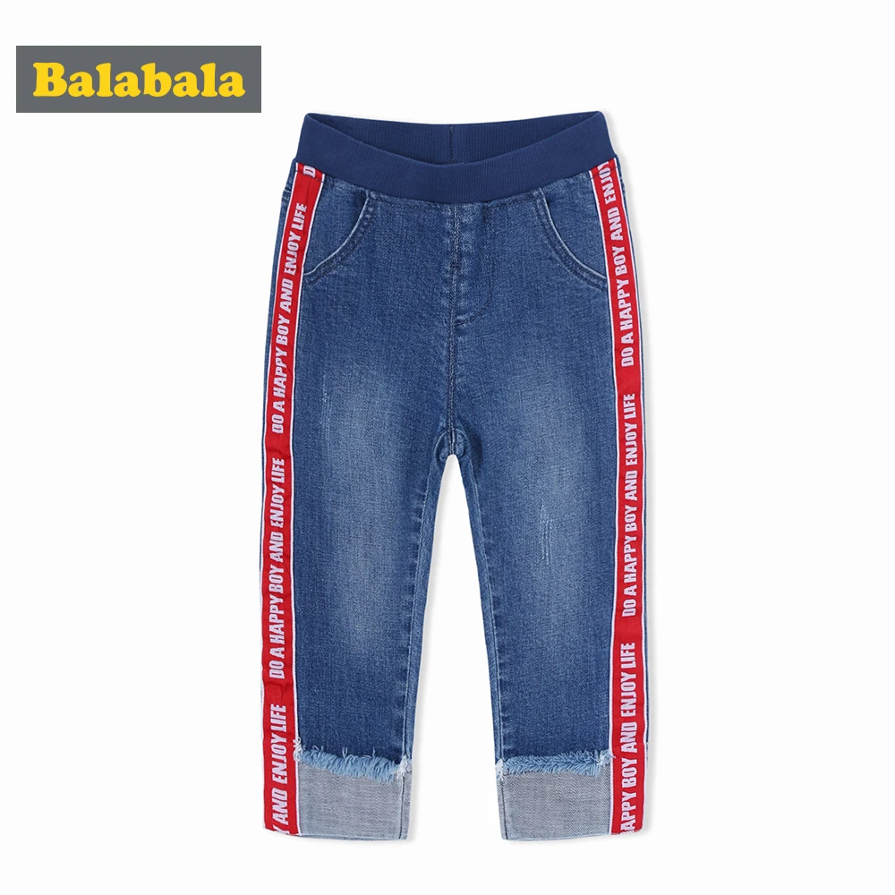 

Balabala Toddler Boy Regular Fit Jeans in Washed Denim with Side Stripe Children Kids Cotton Pull-on Jeans Pants with Rolled Hem