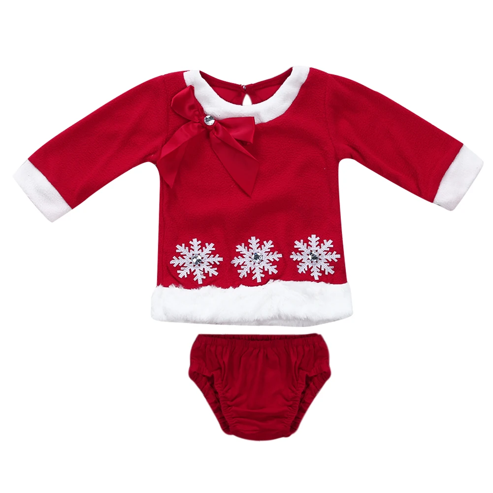 

2Pcs Boys Girls Xmas Clothes Set Stylish Christmas Type Snowflake Pattern Bowknot Decor White Edge T-shirt Top + Red Brief Short