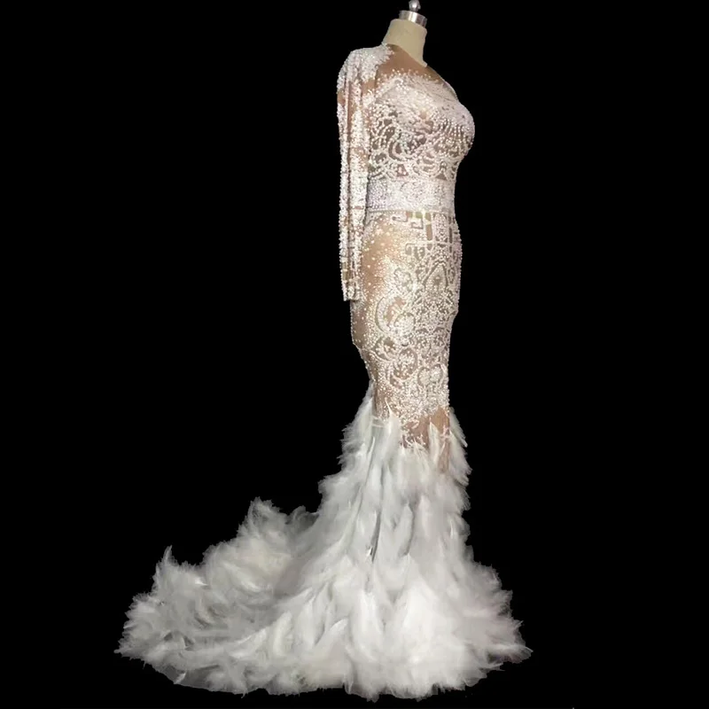 

new Sparkly Rhinestones Feather Nude Dress Sexy Nightclub Full Stones Long Big Tail Costume Prom Birthday Celebrate Dresses