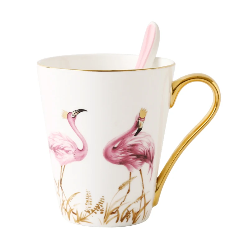 

2018 Newest Flamingo Coffee Mugs with spoon Bone China Ceramic Cups with gold handle Breakfast cup Drinkware Best Lovers Gift