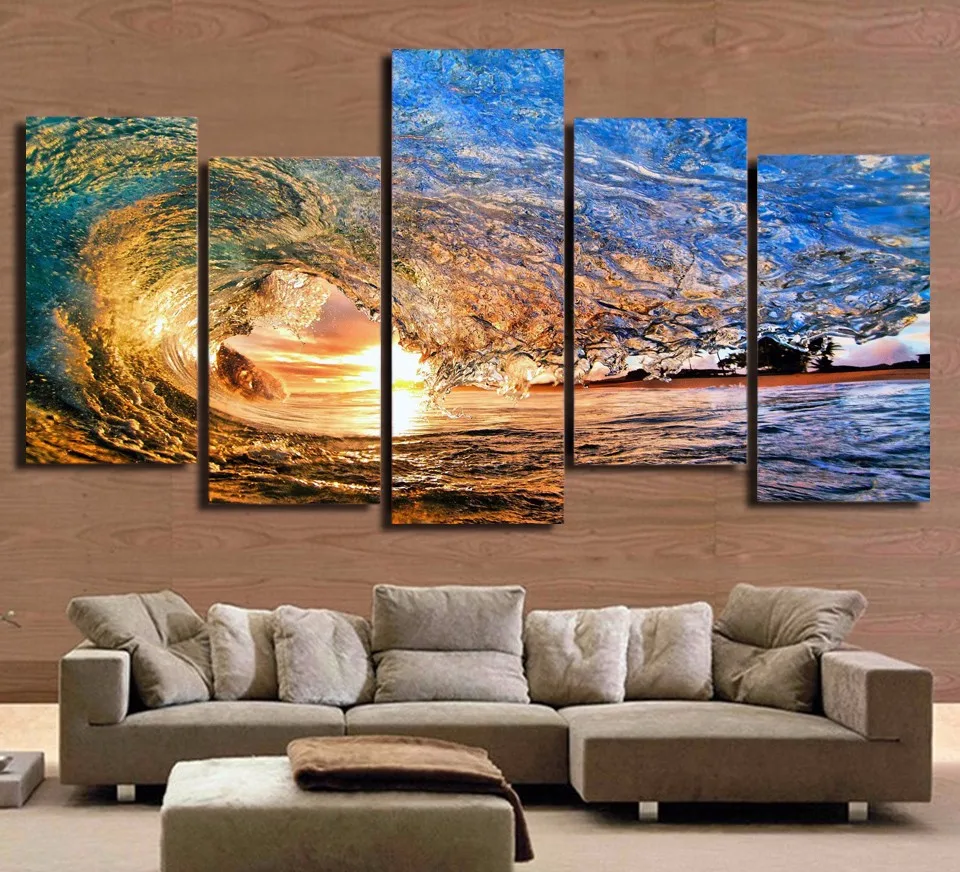 Canvas Wall Art Pictures HD Printed Painting Frame Modern Living Room Decor 5 Panel Ocean Sea Wave Sunset Seascape Poster PENGDA