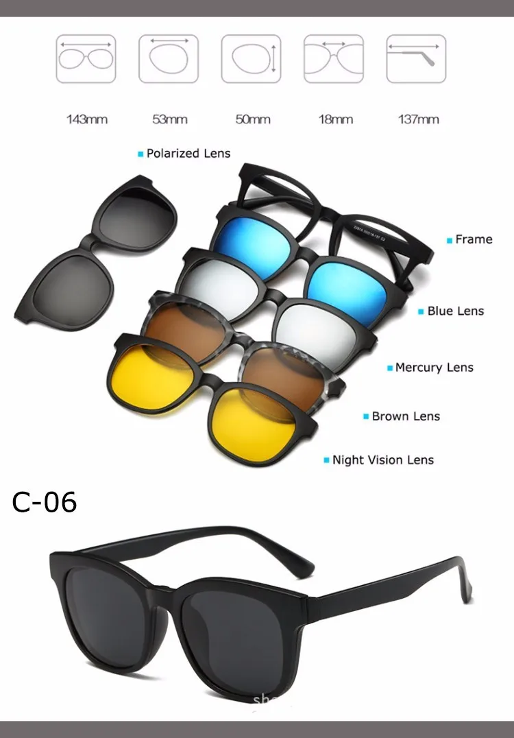 Модная оправа для очков для мужчин и женщин, 5 шт., солнцезащитные очки на застежке, поляризованные Магнитные очки, мужские очки для вождения, близорукость, оптическая оправа - Цвет оправы: Style 6