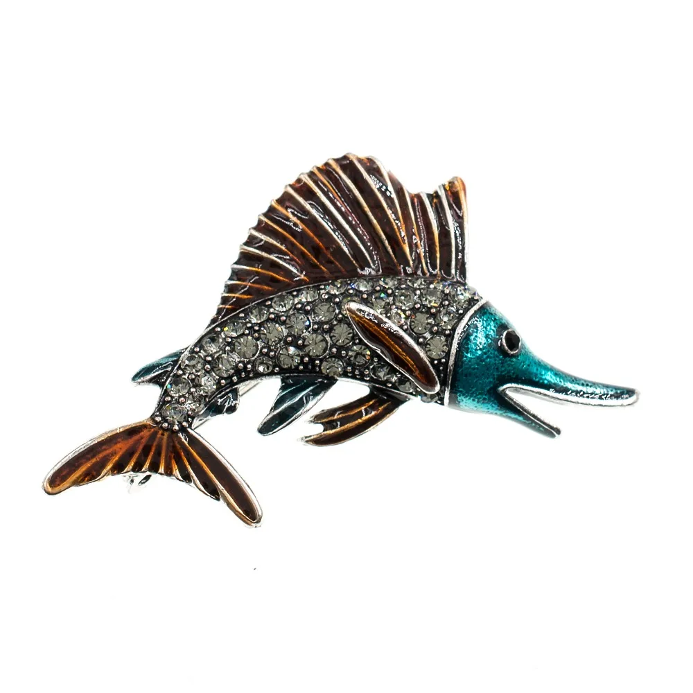 

Fashion Vintage Style Rhinestone Crystals Sailfish Fish Brooch Pins Broach Women Dress Bag Accessories BQ0490
