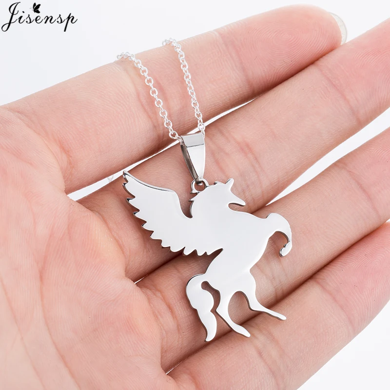 Jisensp New Women Jewelry Vintage Silver Cool Horse with Wing Pendant Long Necklace Men Gift Animal Unicorn Necklace Collares