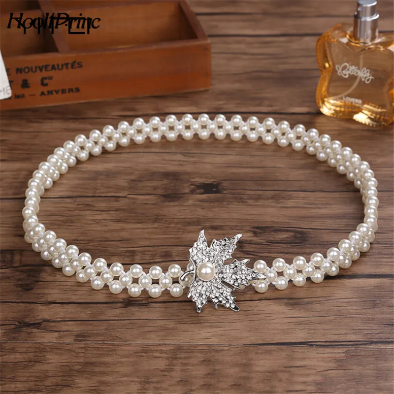 New Fashion Small Silver Buckle Inlaying Rhinestone Pearl Elastic Belts