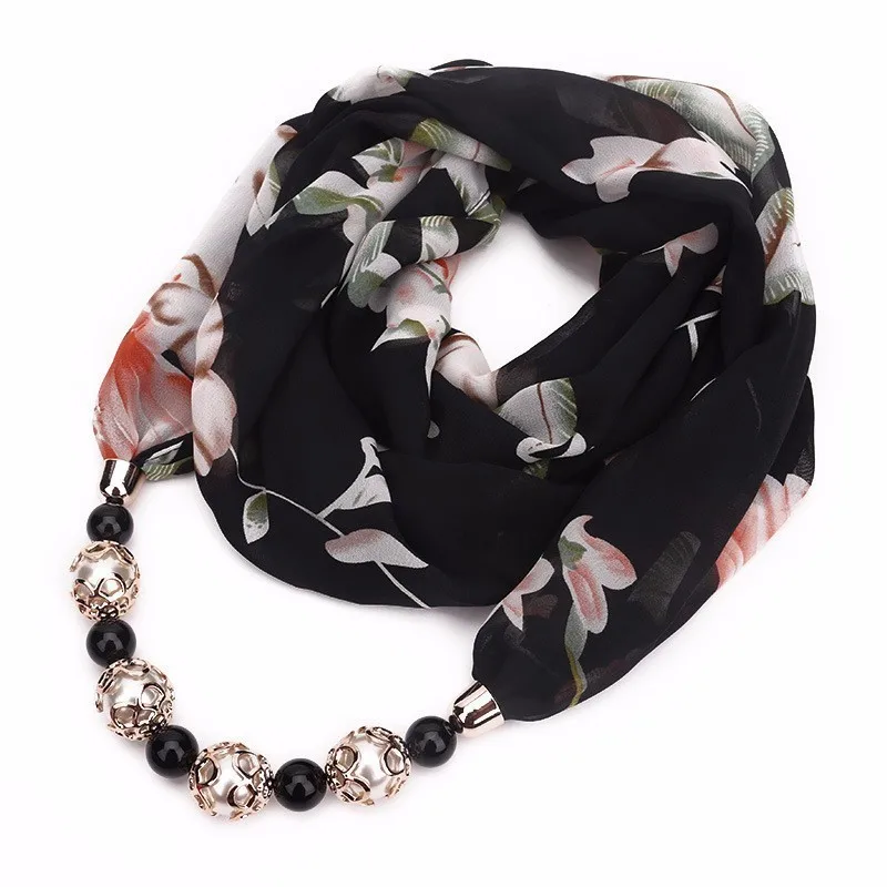 Модный головной платок с цветочным узором, шифоновый шарф, украшенный бисером, ожерелье для женщин, длинное массивное ожерелье, рождественское ювелирное изделие
