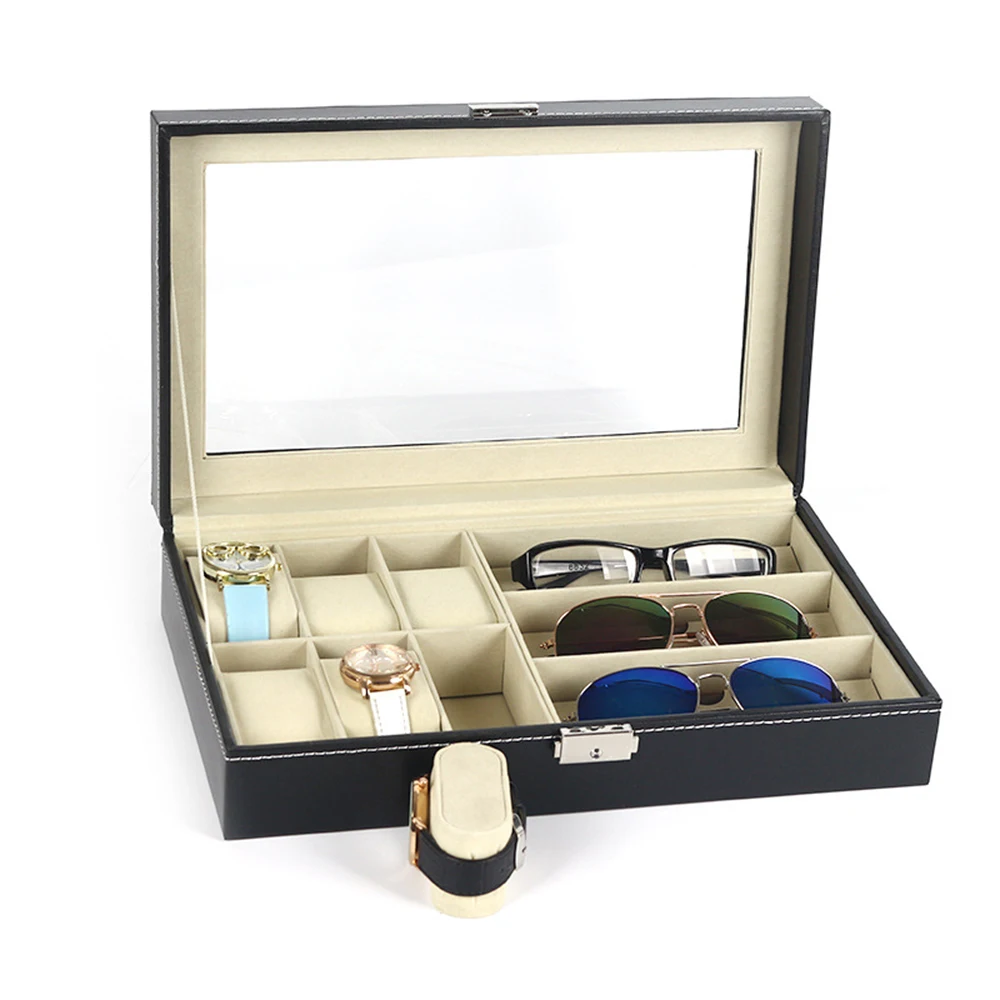 

6 Grid 3 Sunglass Watch Display Box Eyeglass Case Holder Storage Organizer Wristwatch Necklace Organizers PU Leather Black 2019