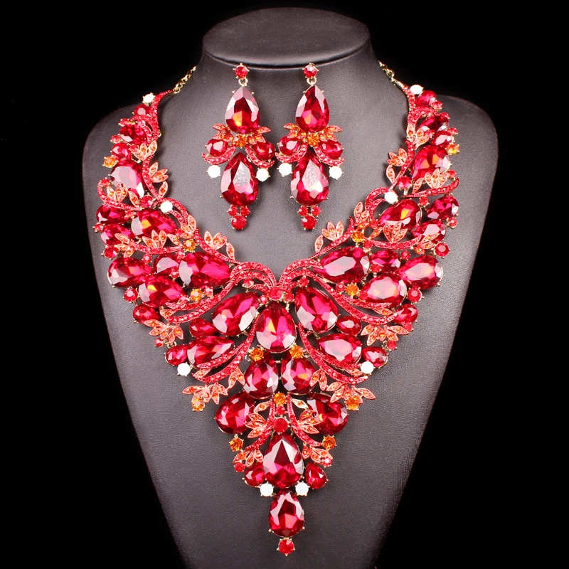 Beautiful Red Leaf Indian Jewellery Bridal Jewelry Set Gold Color Rhinestone Women Gift Party