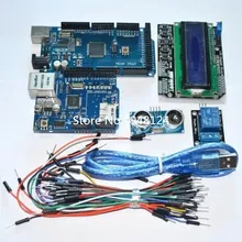 Free Shipping Mega 2560 r3 for arduino kit + HC-SR04 +breadboard cable + relay module+ W5100 UNO shield + LCD 1602 Keypad shield