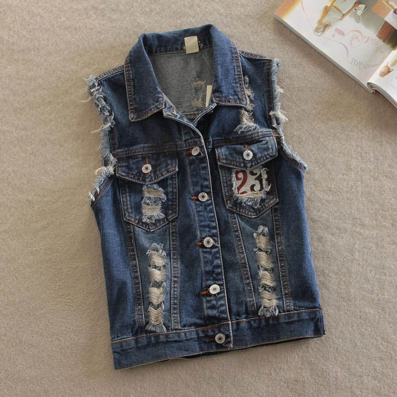 

Spring Sleeveless Women Denim Vests Plus size 2XL Fashion Casual Tops Female Waistcoat Hole Denim Short Jackets Female Q283