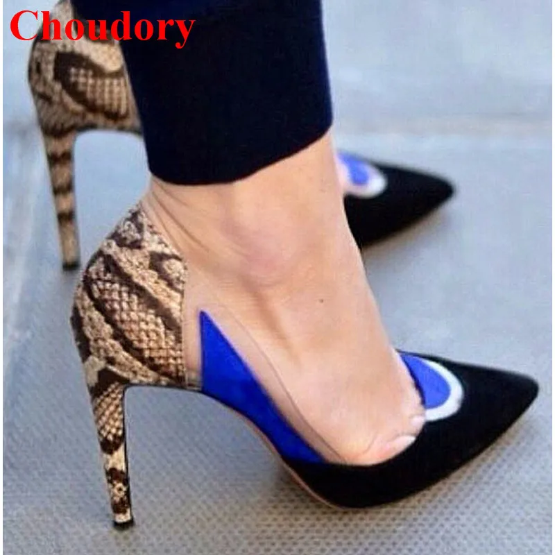 

Sexy Snakeskin Pattern Slip-on Shoes Woman Patchwork Gladiator Thin High Heels Celebrity Positano Elaphe & PVC Lady Party Pumps