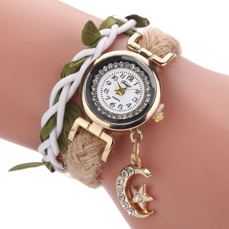 

Cute Weave Star Moon Pendant Bracelet Watch Quartz Wrist The Eiffel Tower Rhinestone Pendant Wrist Women's Watches Female Clock