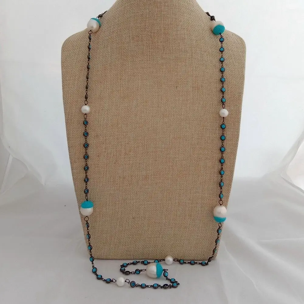 N022934 41 White Keshi Pearl Blue Crystal Pave Chain Long Necklace 
