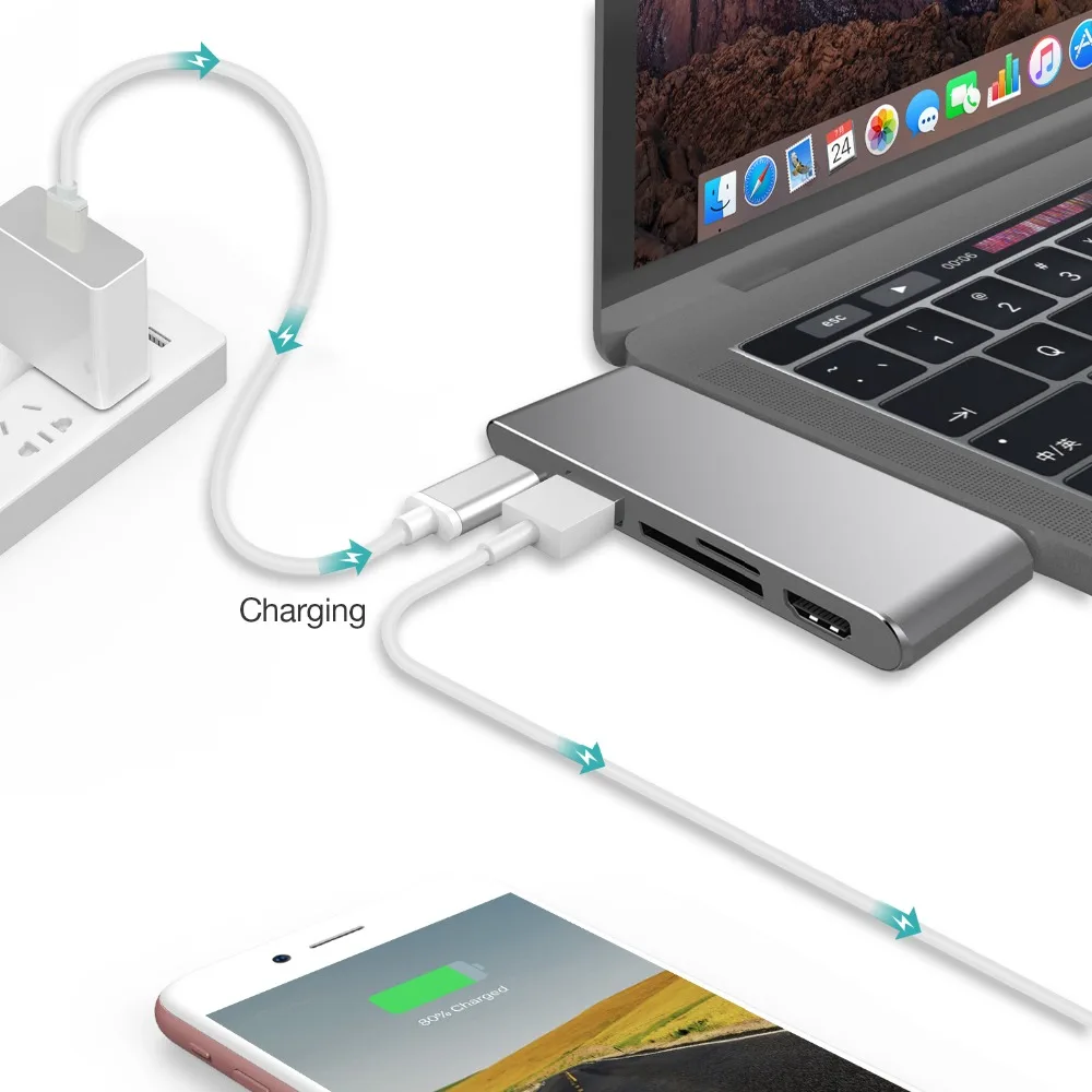 JZYuan USB C концентратор HDMI 4K видео 3 0 SD TF кардридер с зарядным портом Type 1 хаб для Macbook