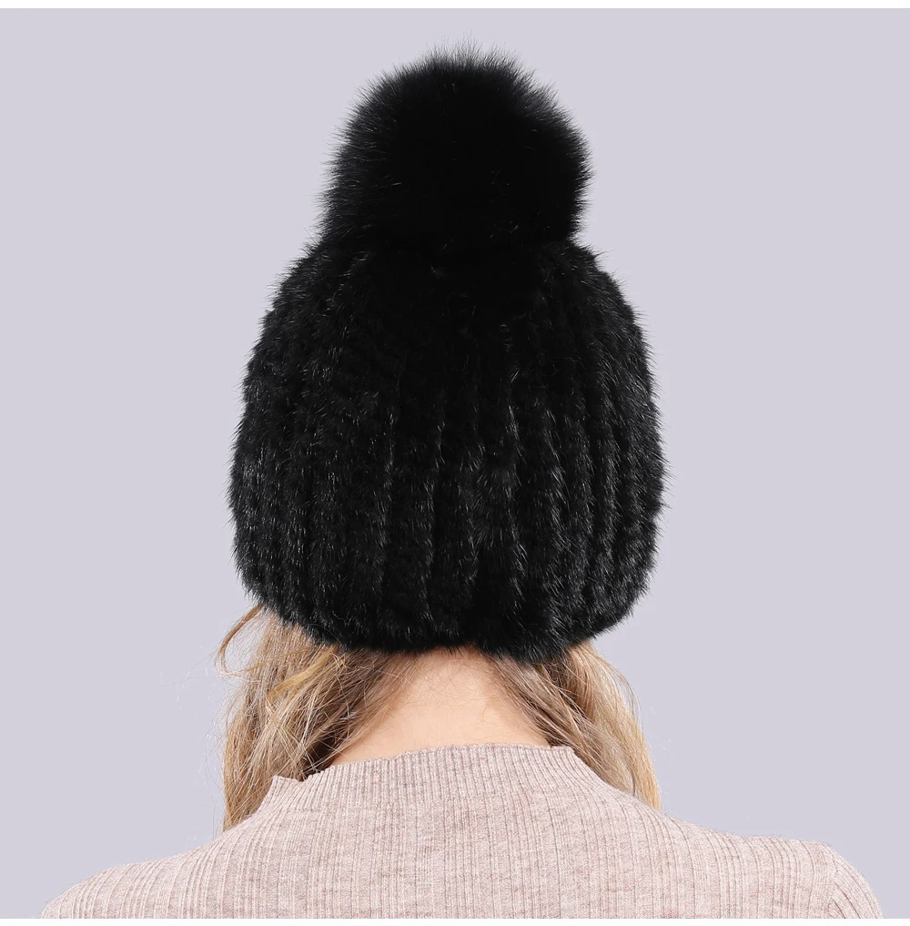 Lovely Real Mink Fur Hat Women Winter Knitted Real Mink Fur Beanies Hats With Fox Fur Pom Poms New Thick Real Mink Fur Cap