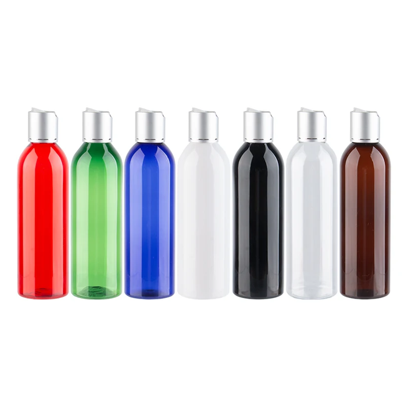 

250ml x 25 Silver Aluminum Disc Cap Refillable Cosmetic Plastic Bottles Empty Travel Lotion Bottles For Liquid Soap Blue Clear