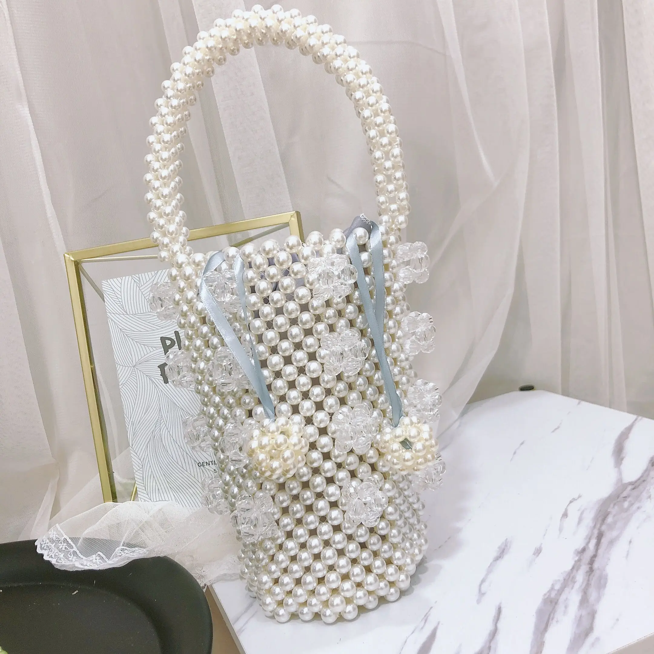 

INS Pearl Bag Beaded Circular Bag Box Totes Women Party Acrylic Plastic Handbag Summer Luxury Brand Hand-woven Bucket Bag
