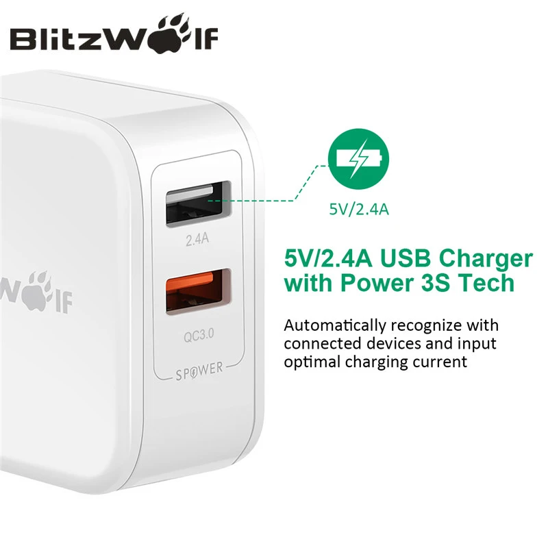 BlitzWolf QC3.0+2.4A 30W Dual USB Charger Mobile Phone Fast Charger EU Adapter Travel Wall Charger For iphone 8 8 Plus X