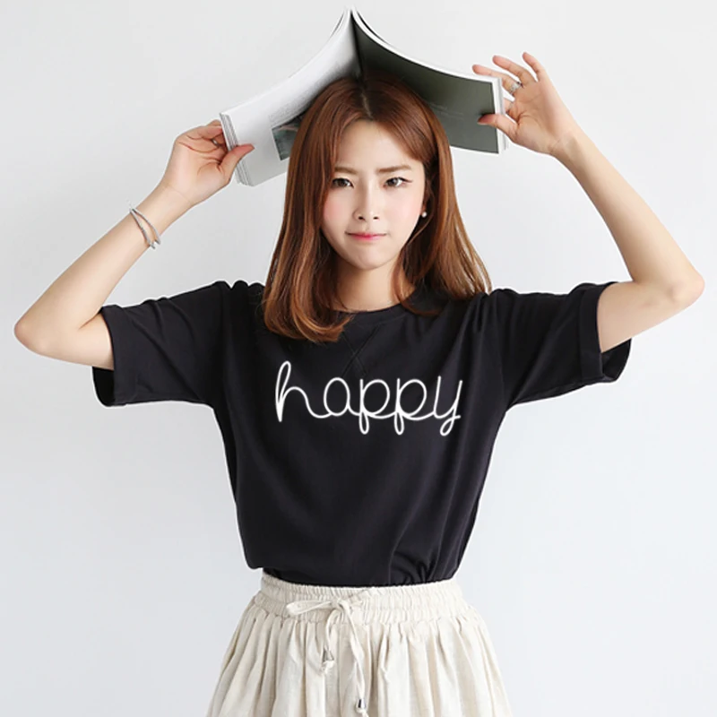

2019 Summer Casual Women Tops Happy Letter Printing blusa feminina Round Neck Short Sleeves Funny Plus Size Female Clothing