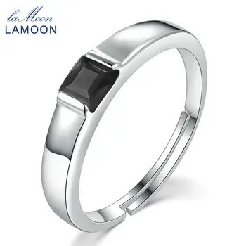 

LAMOON Wedding Bands Natural Square Black Chalcedony Gemstone 925 Sterling Silver Simple Rings For Women Fine Jewelry Ring RI035