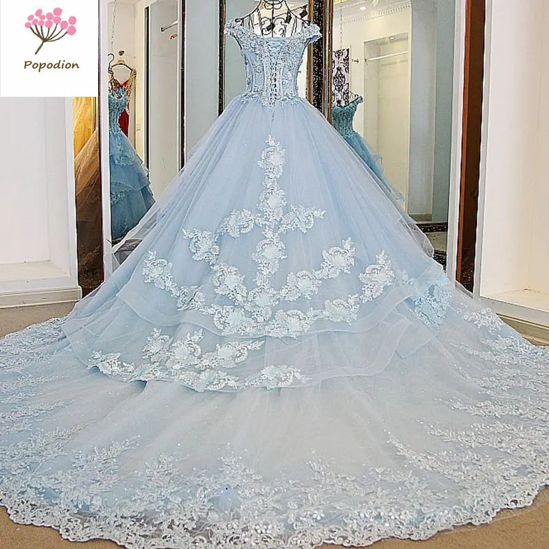 

Popodion luxury wedding gown wedding gowns for bride lace wedding dresses blue bride dress vestido de noiva WED90470