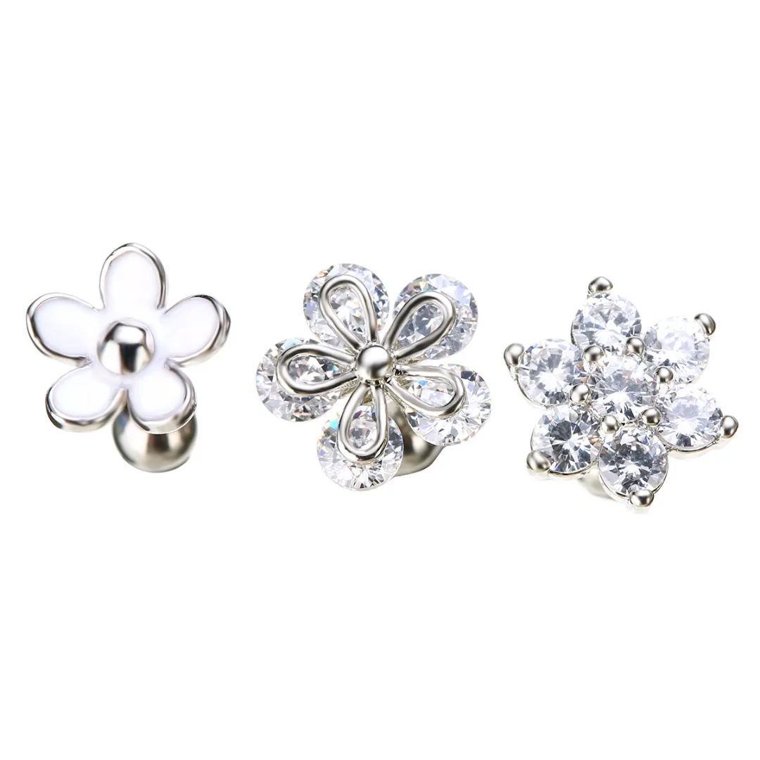 3pcs CZ Flower Ear Piercing Jewelry Shellhard Ear Tragus Cartilage Piercing Women Helix Ear Stud Barbell Piercing Sexy Jewelry