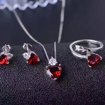 

Fidelity Natural garnet 925 sterling silver earrings/ring/necklace jewelry sets natural red gem heart fine jewelry women wedding