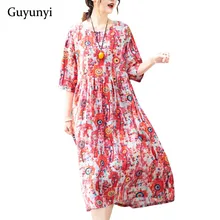 Цветочное винтажное платье из хлопка и льна, длина до середины икры, рукав до локтя, простое удобное свободное элегантное платье, летнее женское платье vestidos