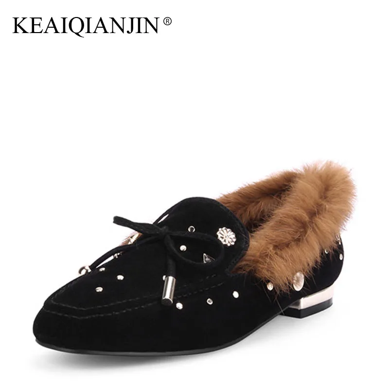 

KEAIQIANJIN Woman Crystal Flats Black Green Plus Size 33 - 43 Spring Autumn Derby Shoes Genuine Leather Butterfly Oxfords