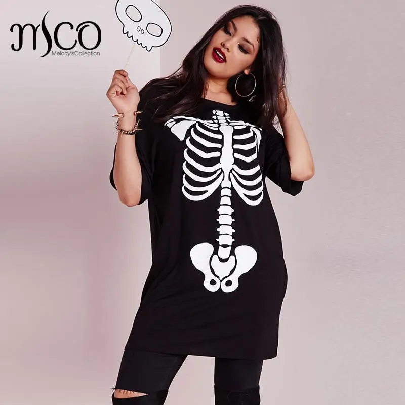 high elastic halloween skeleton print jumper street punk style t shirt long line black tee shirt plus size women tops 5xl 6xl in t shirts from womens