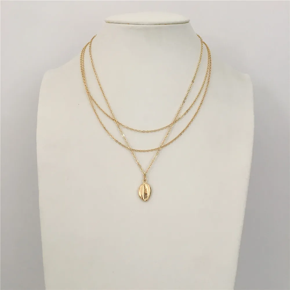 

TRENDY GOLD COLOR SMALL SINGLE SHELL PENDANT THREE LAYERED NECKLACE